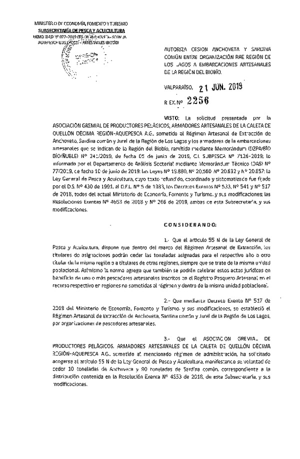 Res. Ex. N° 2256-2019 Autoriza cesión anchoveta y sardina común Región de Los Lagos a Región del Biobío.