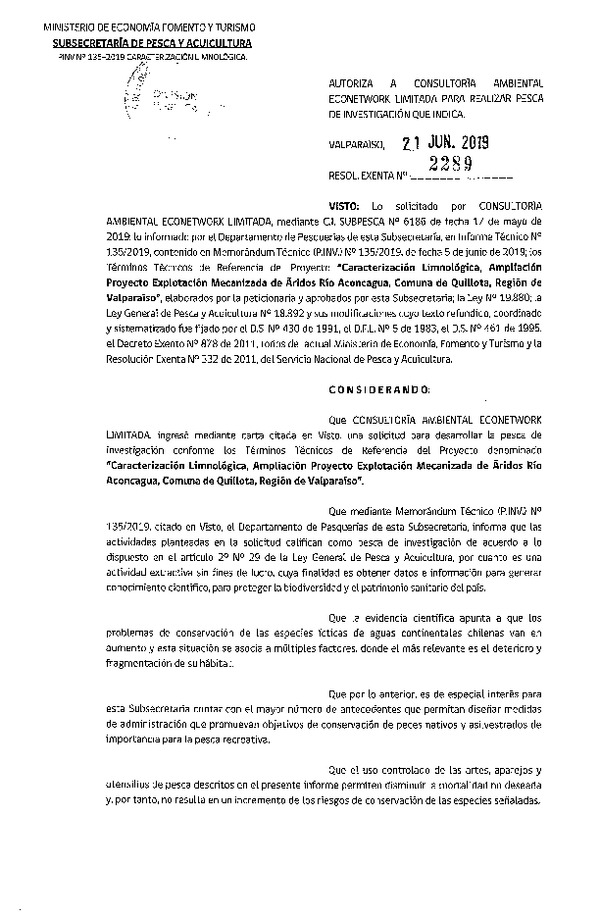 Res. Ex. N° 2289-2019 Caracterización limnológica, región de Valparaíso.