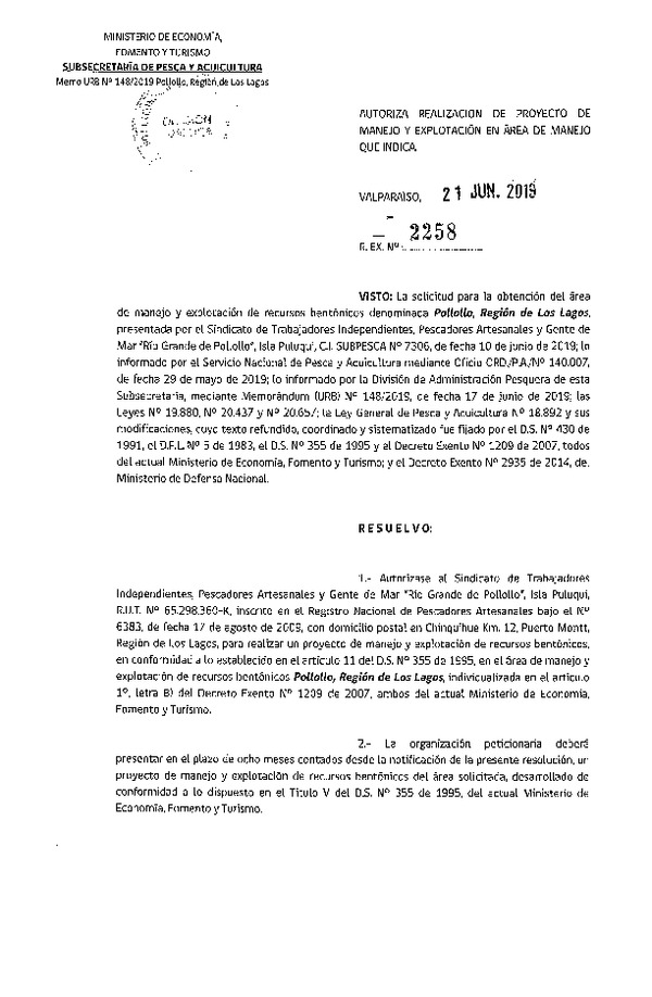 Res. Ex. N° 2258-2019 Proyecto de Manejo.