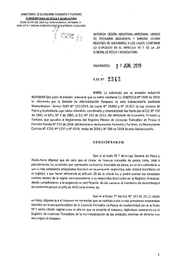 Res. Ex. N° 2312-2019 Autoriza cesión pesquería Anchoveta y Sardina común, Regiones de Valparaíso a Los Lagos.