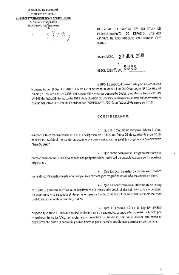 Res. Ex. N° 2322-2019 Desistimiento parcial de solicitud de establecimiento de ECMPO. (Publicado en Página Web 27-06-2019)