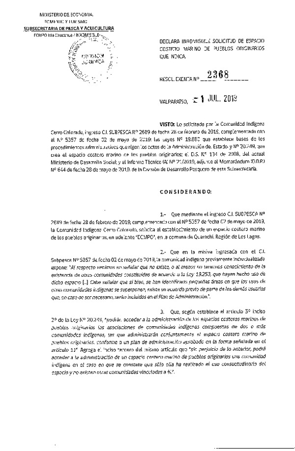 Res. Ex. N° 2368-2019 Declara inadmisible solicitud de ECMPO que indica. (Publicado en Página Web 02-07-2019)