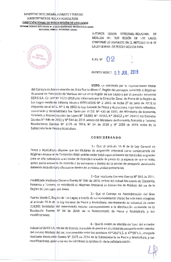 Res. Ex. N° 02-2019 (DZP Región de Los Lagos) Autoriza cesión merluza del sur.