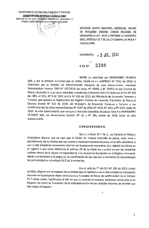 Res. Ex. N° 2398-2019 Autoriza cesión pesquería Anchoveta y Sardina común, Regiones de Valparaíso a Los Lagos.