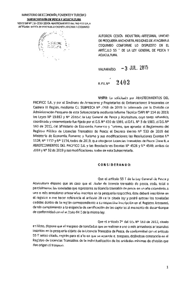 Res. Ex. N° 2402-2019 Autoriza cesión pesquería Anchoveta, Regiones de Atacama a Coquimbo.