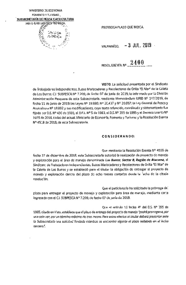 Res. Ex. N° 2400-2019 Prorroga Plan de Manejo.