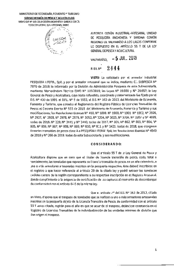 Res. Ex. N° 2444-2019 Autoriza cesión pesquería Anchoveta y Sardina común, Regiones de Valparaíso a Los Lagos.