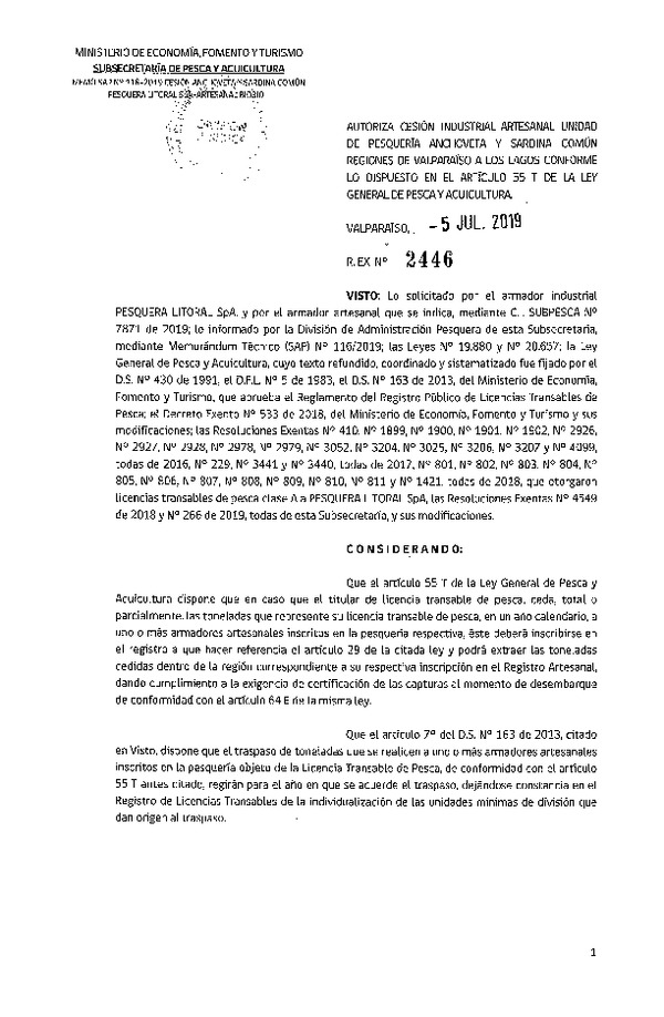 Res. Ex. N° 2446-2019 Autoriza cesión pesquería Anchoveta y Sardina común, Regiones de Valparaíso a Los Lagos.