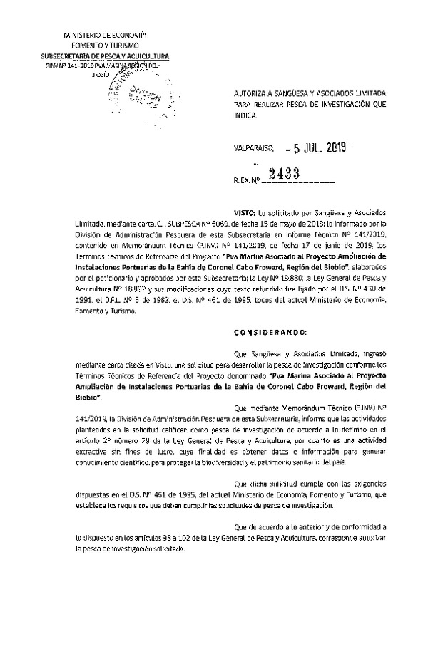 Res. Ex. N° 2433-2019 PVA Marina Bahía Coronel, Región del Biobío.