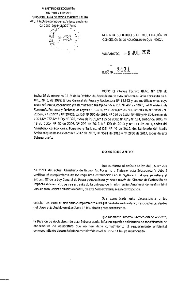 Res. Ex. N° 2431-2019 Rechaza solicitudes de modificación de concesiones de acuicultura que indica.