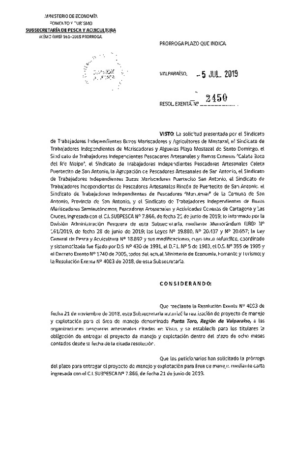 Res. Ex. N° 2450-2019 Prorroga Plan de Manejo.