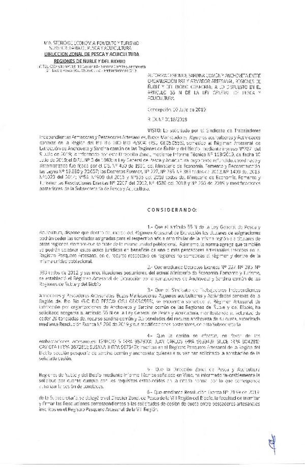 Res. Ex. N° 118-2019 (DZP VIII) Autoriza cesión Anchoveta y sardina común Regiones de Ñuble y del Biobío.