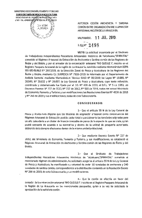 Res. Ex. N° 2498-2019 Autoriza cesión Anchoveta y sardina común Región de La Araucanía.