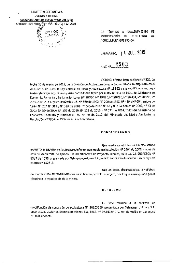 Res. Ex. N° 2503-2019 Da termino a procedimiento de modificación de concesión de acuicultura que indica.