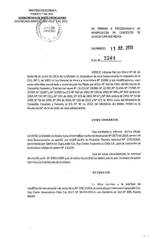 Res. Ex. N° 2504-2019 Da termino a procedimiento de modificación de concesión de acuicultura que indica.