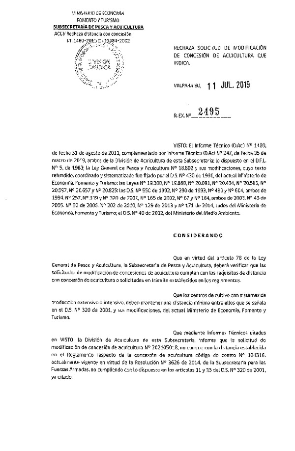 Res. Ex. N° 2495-2019 Rechaza solicitud de modificación de concesión de acuicultura que indica.