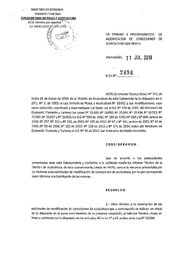 Res. Ex. N° 2496-2019 Da término a procedimiento de modificación e concesiones de acuicultura que indica.