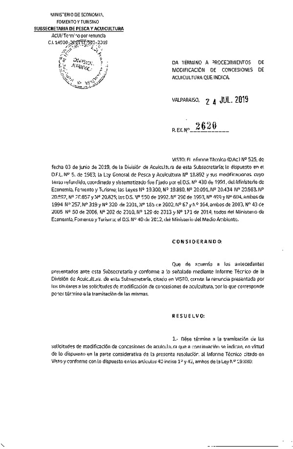 Res. Ex. N° 2620-2019 Da termino a procedimiento de modificación de concesión de acuicultura que indica.