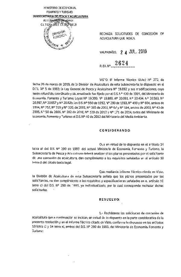 Res. Ex. N° 2624-2019 Rechaza solicitudes de concesión de acuicultura que indica.