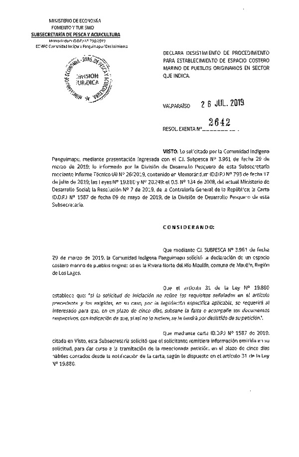 Res. Ex. N° 2642-2019 Declara desistimiento de procedimiento para el establecimiento ECMPO Panguimapu. (Publicado en Página Web 30-07-2019)