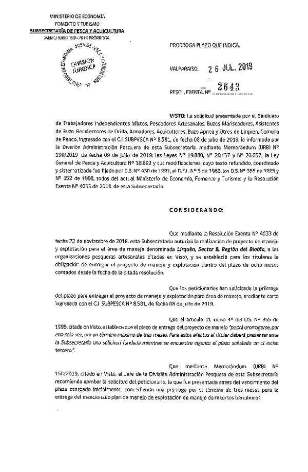 Res. Ex. N° 2643-2019 Prorroga Plan de Manejo.