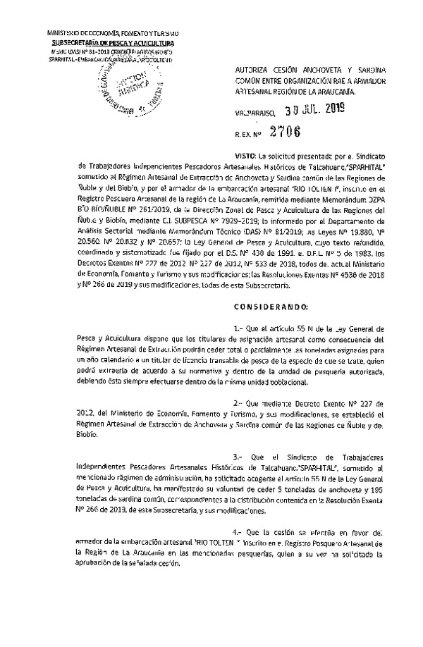 Res. Ex. N° 2706-2019 Autoriza cesión anchoveta y sardina común, Región de la Araucanía.