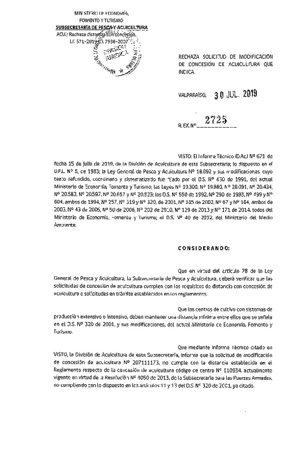 Res. Ex. N° 2725-2019 Rechaza solicitud de modificación concesión de acuicultura que indica.