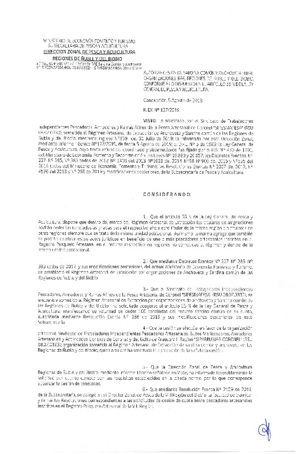 Res. Ex. N° 127-2019 (DZP VIII) Autoriza cesión Anchoveta y sardina común Regiones de Ñuble y del Biobío.
