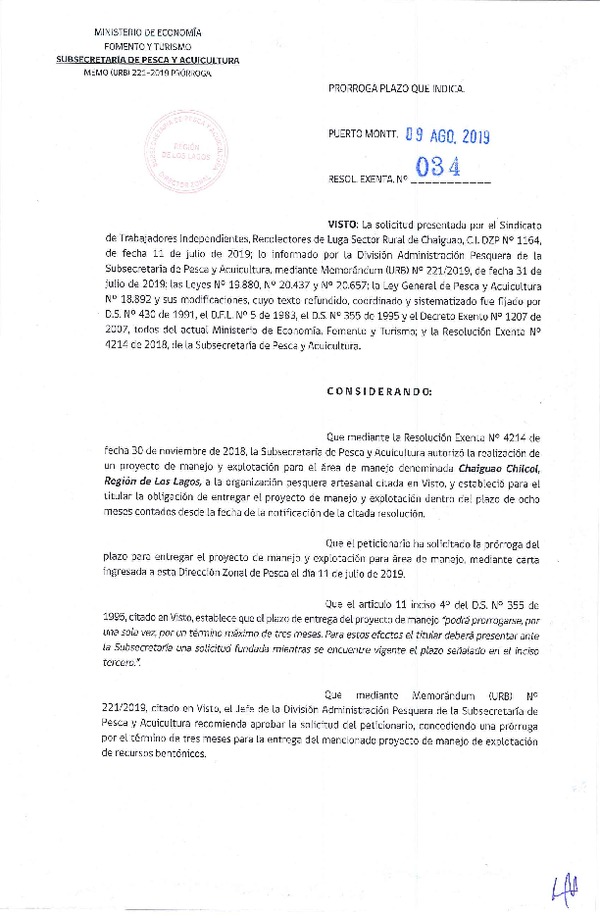 Res. Ex. N° 34-2019 (DZP Región de Los Lagos) Prorroga Plan de Manejo.