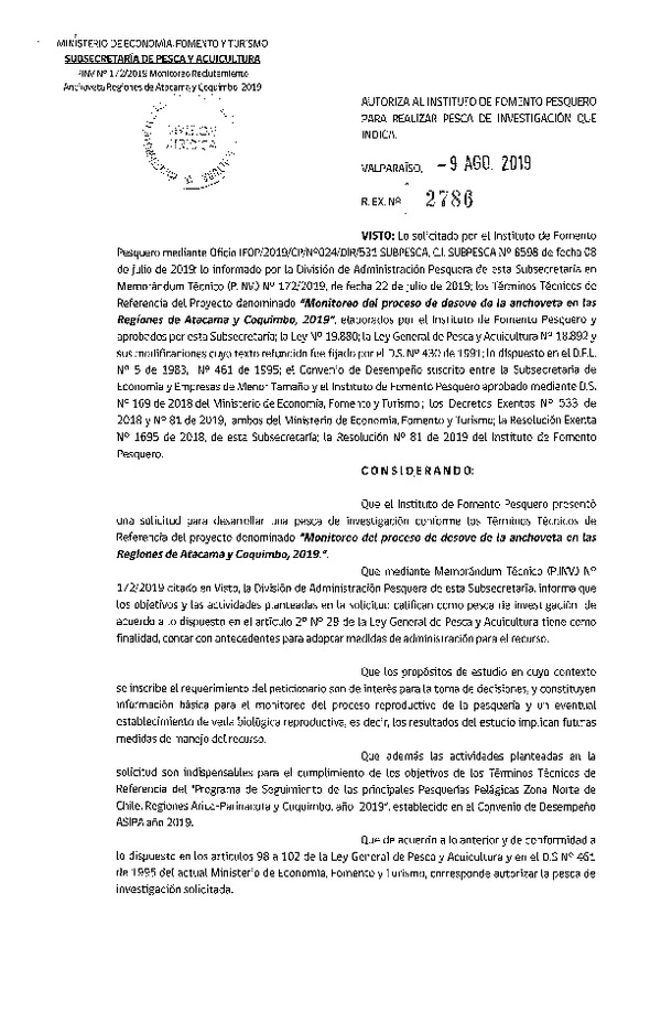 Res. Ex. N° 2786-2019 Monitoreo del proceso de desove de la anchoveta, Regiones de Atacama y Coquimbo., 2019.