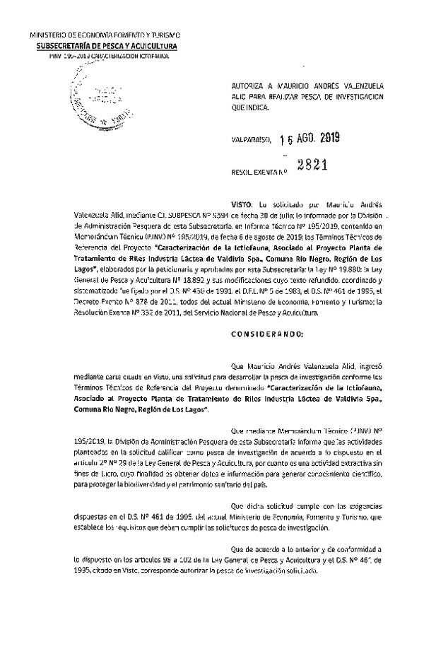 Res. Ex. N° 2821-2019 Caracterización de la íctofauna, Región de Los Lagos.