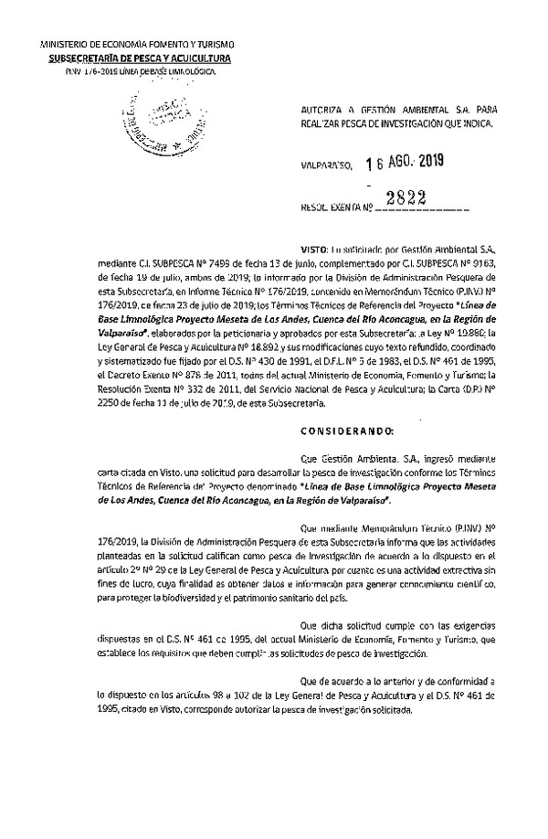 Res. Ex. N° 2822-2019 Línea de base limnológica, Región de Valparaíso.