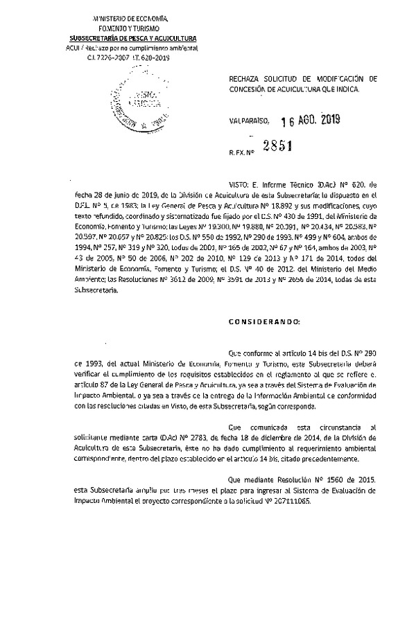 Res. Ex. N° 2851-2019 Rechaza solicitud de modificación concesión de acuicultura que indica.
