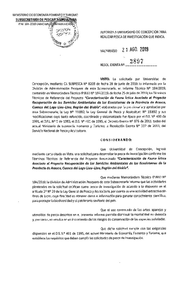 Res. Ex. N° 2897-2019 Caracterización de fauna íctica, Región del Biobío.