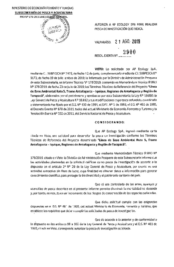 Res. Ex. N° 2900-2019 Línea de base ambiental, Región de Tarapacá.