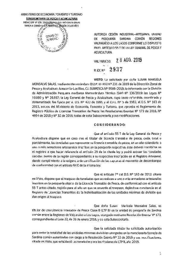 Res. Ex. N° 2937-2019 Autoriza cesión pesquería Sardina común, Regiones de Valparaíso a Los Lagos.