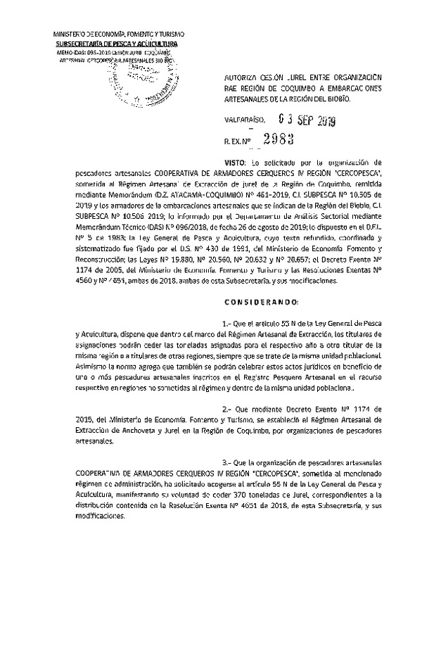 Res. Ex. N° 2983-2019 Autoriza cesión jurel, de la Región de Coquimbo a Región del Biobío.