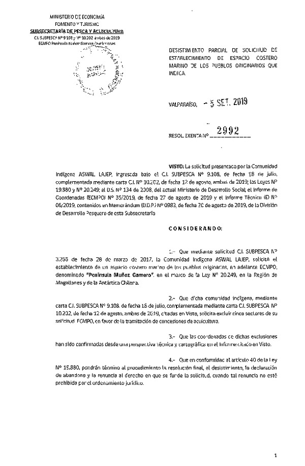 Res. Ex. N° 2992-2019 Desistimiento parcial de solicitud de establecimiento de ECMPO. (Publicado en Página Web 05-09-2019)