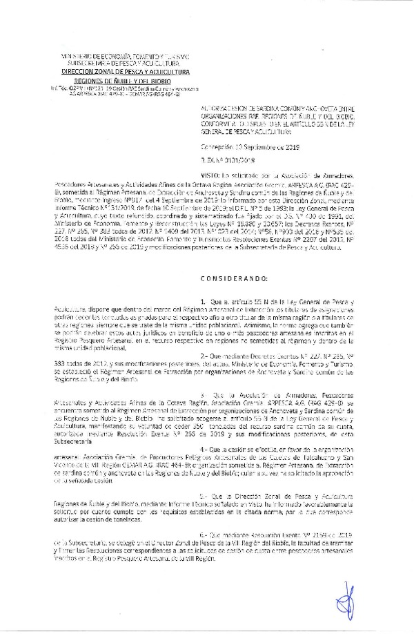 Res. Ex. N° 131-2019 (DZP VIII) Autoriza cesión Anchoveta y sardina común Regiones de Ñuble y del Biobío.