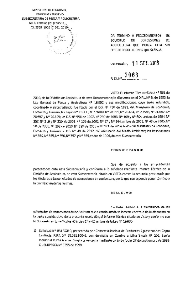 Res. Ex. N° 3063-2019 Da término a procedimientos de solicitud de concesiones de acuicultura que indica.