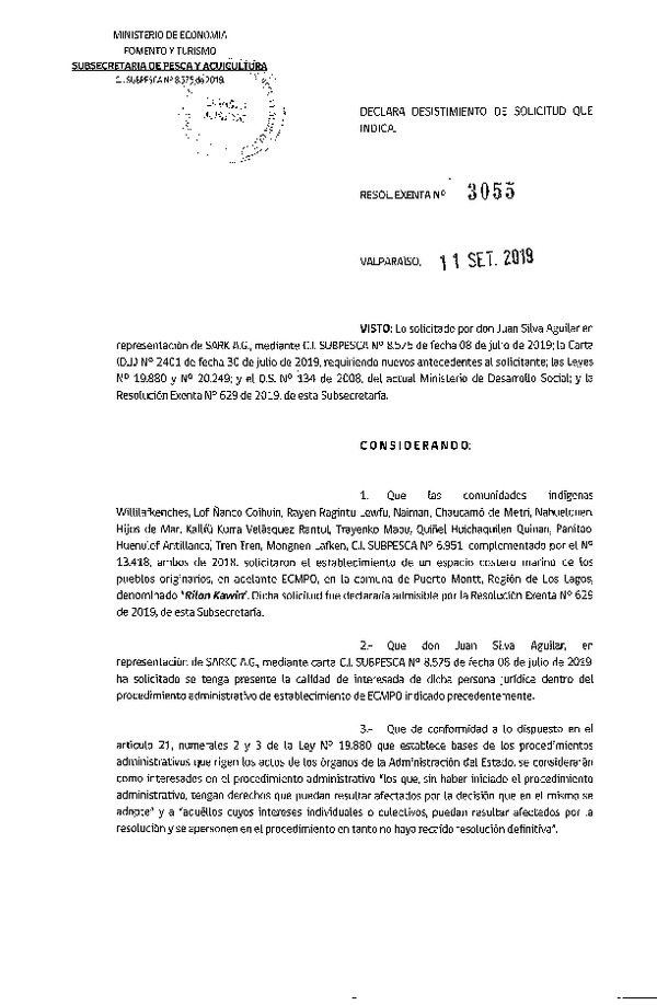 Res. Ex. N° 3055-2019 Declara desistimiento de solicitud de ECMPO que indica. (Publicado en Página Web 13-09-2019)