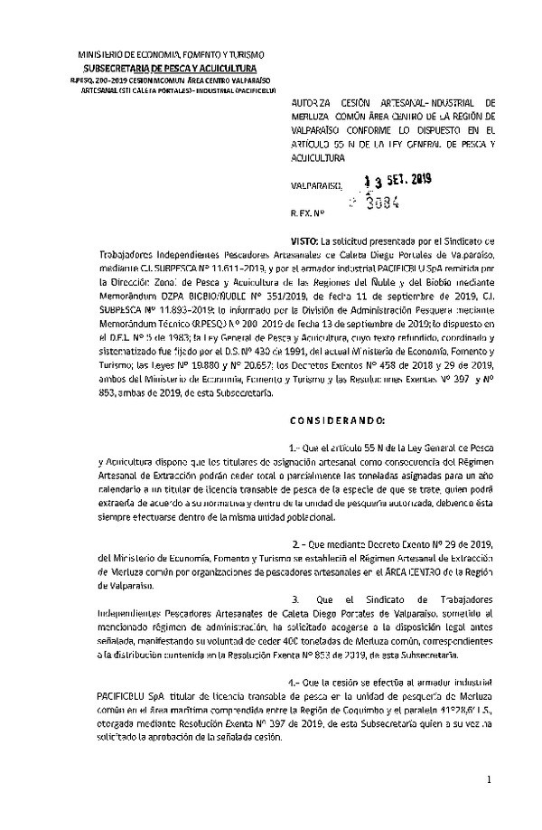 Res. Ex. N° 3084-2019 Autoriza cesión Merluza común Región de Valparaíso.