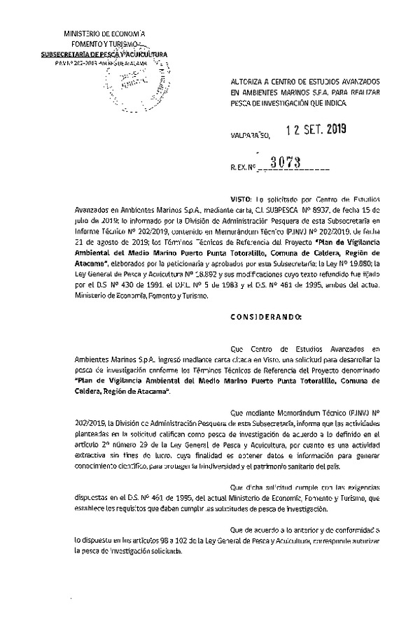 Res. Ex. N° 3073-2019 Plan de vigilancia medio marino Región de Atacama.