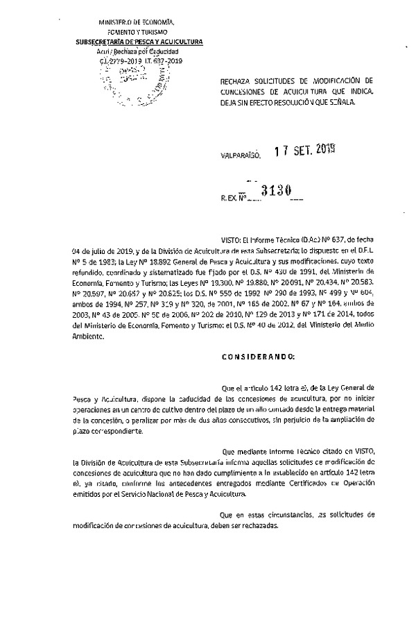 Res. Ex. N° 3130-2019 Rechaza solicitud de modificación concesiones de acuicultura que indica.