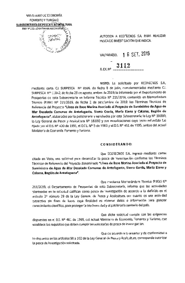 Res. Ex. N° 3112-2019 Línea de base marina, comunas de Antofagasta, Región de Antofagasta.
