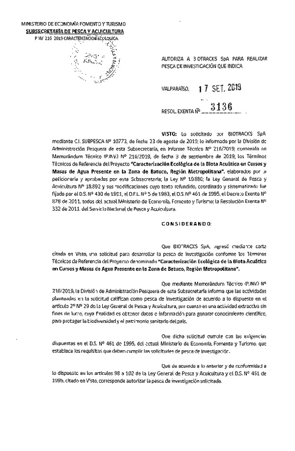 Res. Ex. N° 3136-2019 Caracterización ecológica de la biota acuática, Región Metropolitana.