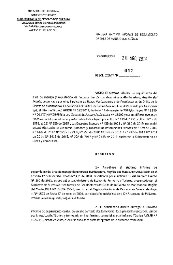 Res. Ex. N°17-2019 (DZP Vakparaíso, O'Higgins y Maule) 7° Seguimiento.