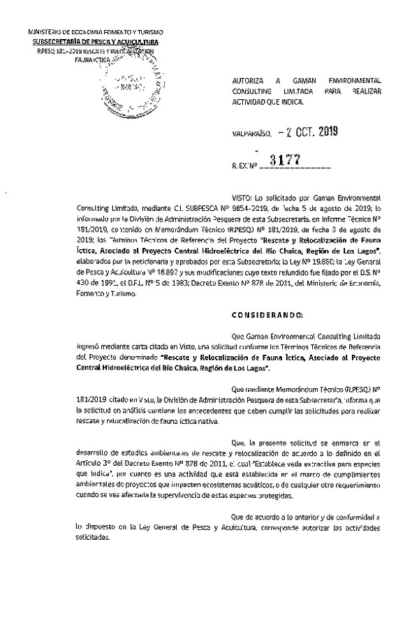 Res. Ex. N° 3177-2019 Rescate y relocalización fauna íctica, Región de Los Lagos.