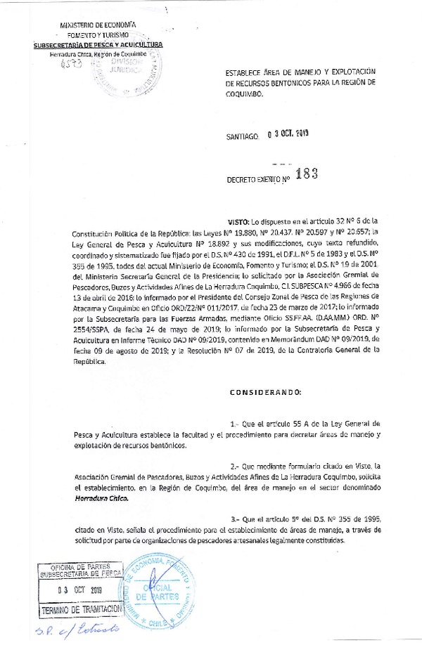 Dec. Ex. N° 183-2019 Establece Área de Manejo Herradura Chica, Región de Coquimbo. (Publicado en Página Web 04-10-2019) (F.D.O. 09-10-2019)