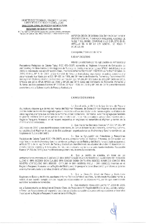 Res. Ex. N° 138-2019 (DZP VIII) Autoriza cesión Anchoveta y sardina común Regiones de Ñuble y del Biobío.